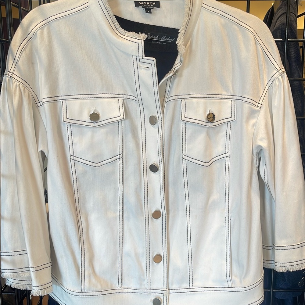 Worth ivory jean jacket ivory with black contrasting stitching.  Hardly worn S